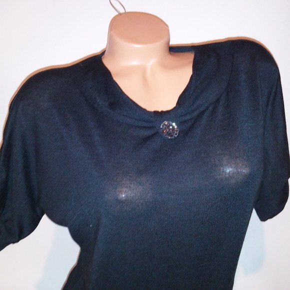 Annabelle Sweater Womens Solid Black Dolman Sleeve Scoop Neck Lightweight Button - Picture 4 of 8